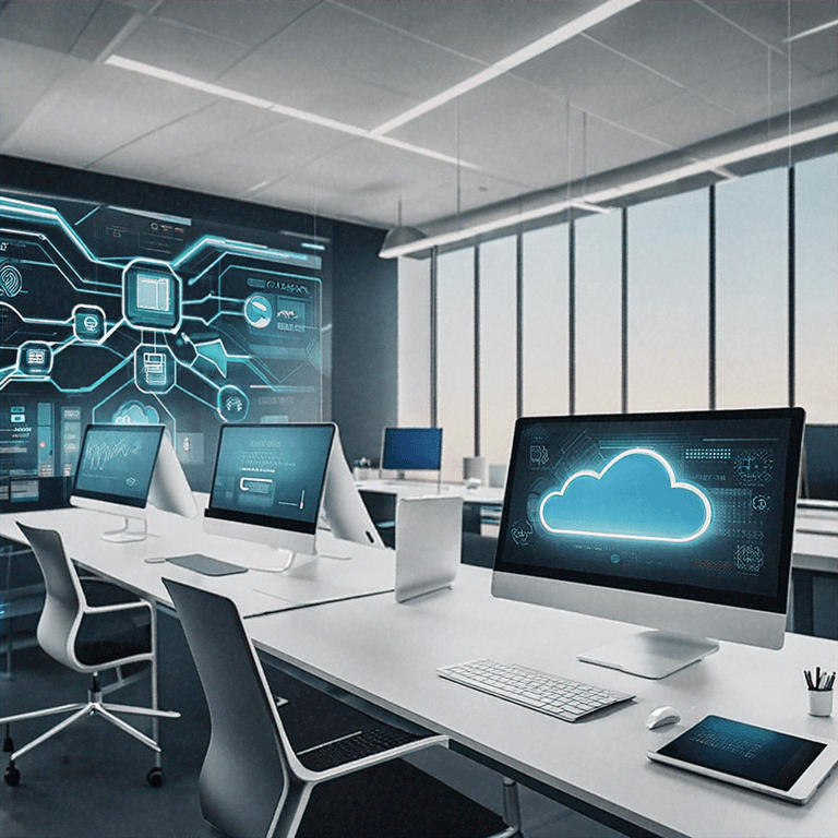 Cloud computing dashboard showing digital data flow within an office environment.
