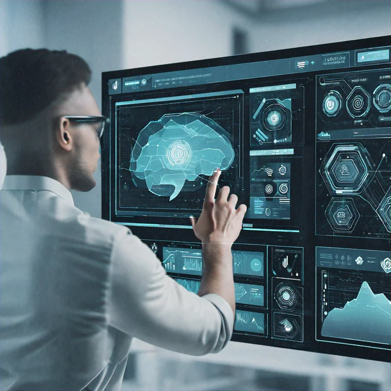 An expert is analyzing artificial intelligence data on a smart display.